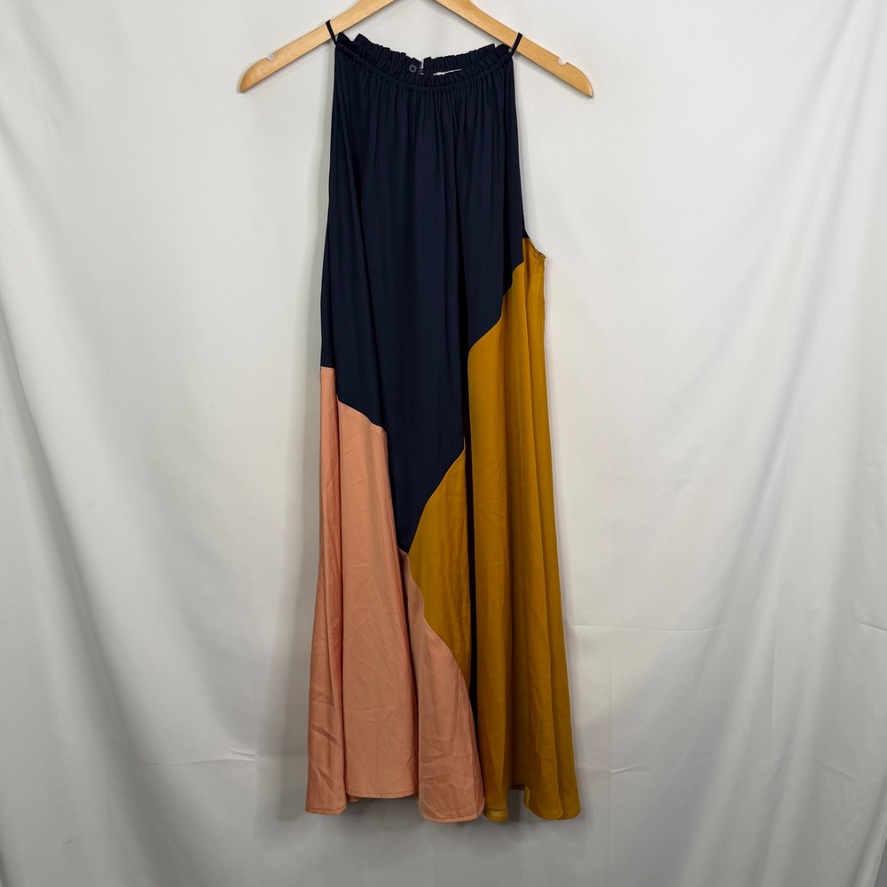 Loft Womens Colorblock Halter Midi Dress Navy Blue Mustard Peach Size M NEW - Picture 4 of 9